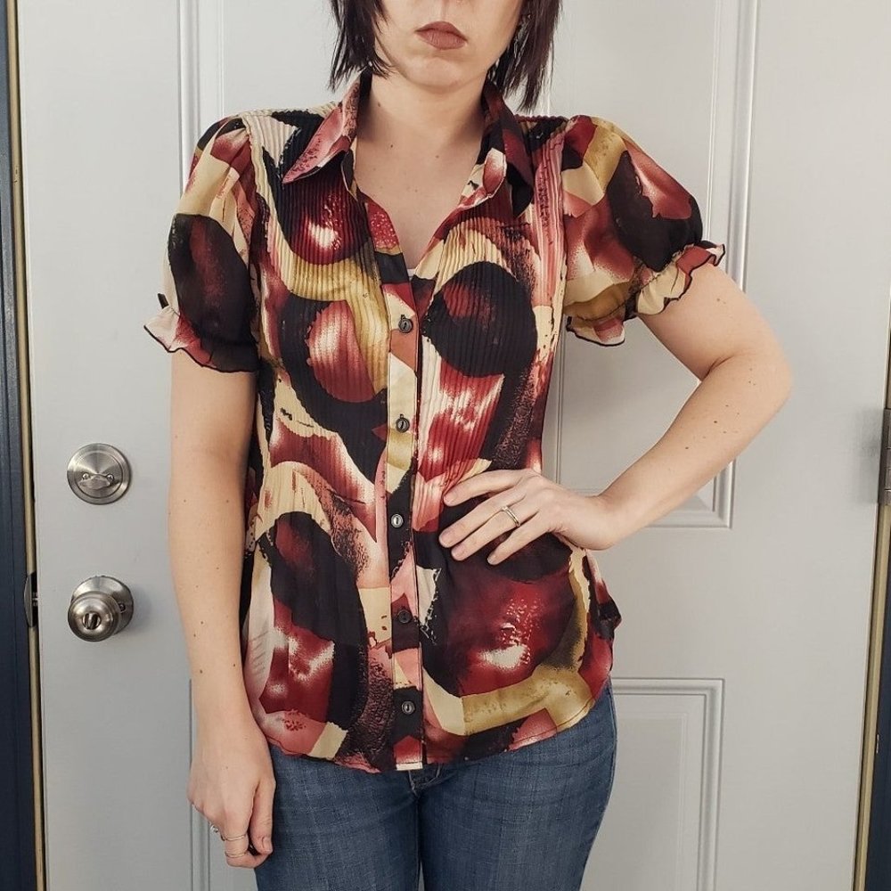 90s Does 70s Sheer Red and Tan Blouse